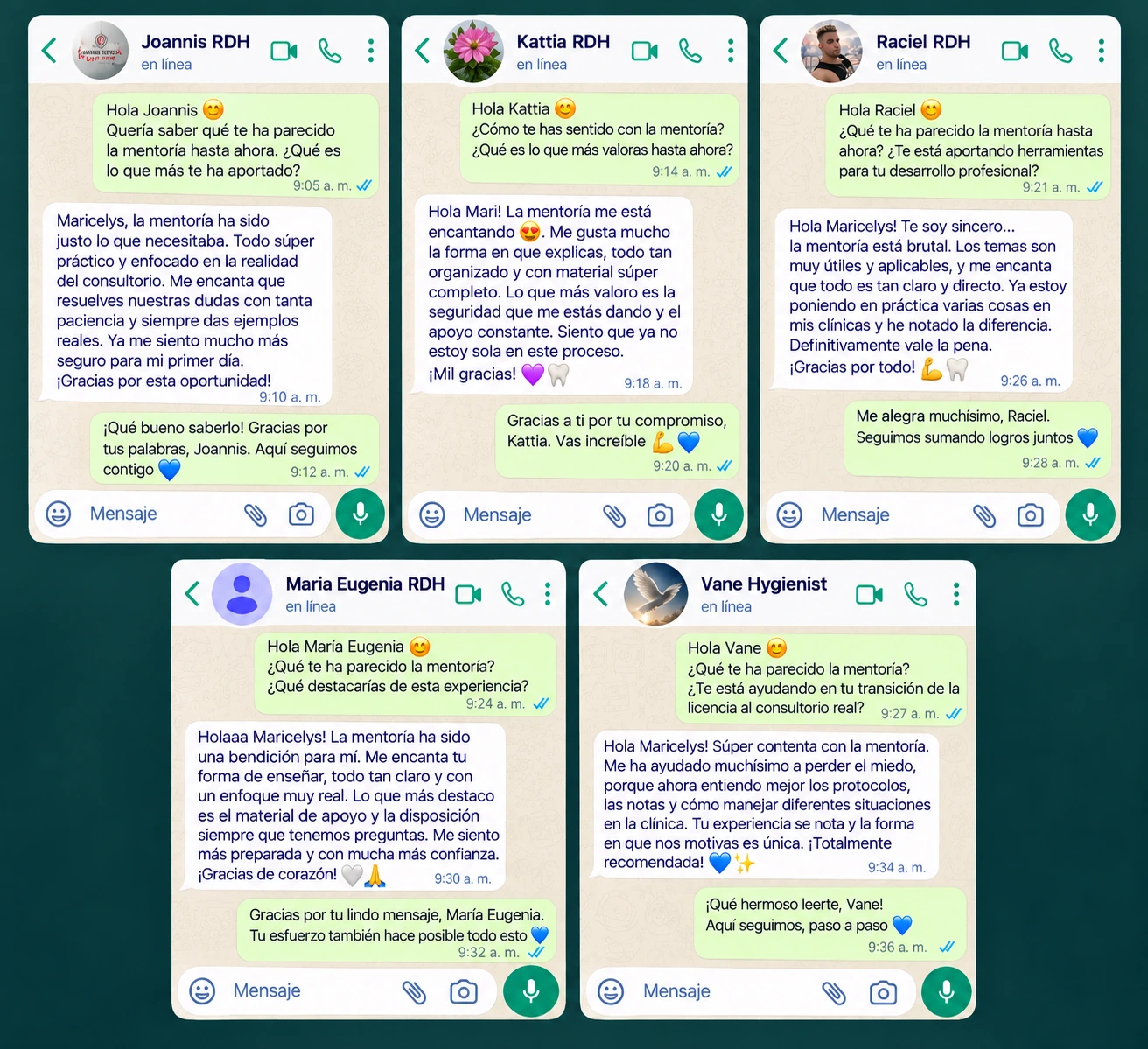 Mensajes de WhatsApp de estudiantes compartiendo su experiencia en la mentoría